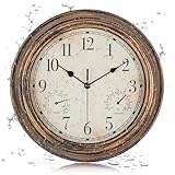 LENAUQ Outdoor Garten Wanduhr, wasserdichte Vintage Wanduhr mit Thermometer und Luftfeuchtigkeit, 12 Zoll Nicht-tickende wetterfeste Hängeuhr für Patio, Pool, Veranda, Garten, Badezimmer, Bronze