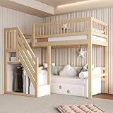Etagenbett 90x200, Kinderbett Hochbett mit Treppe & Aufbewahrungsschrank, Massivholz Funktionsbett Einzelbett Stockbett Spielbett Kinderhochbett Jugendhochbett mit Lattenrost, Ohne Matratze,Holzfarbe