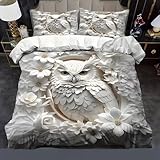LLSZAHD Weiße Eule Bettwäsche 135×200cm, Weiße Blumen Muster bettwäsche-Sets, Mikrofaser Bettbezug mit Reißverschluss und Kissenbezug 80×80cm