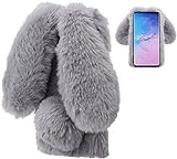 LCHDA Plüsch Hülle für Samsung Galaxy A51 Flauschige Hasen Fell Handyhülle Mädchen Süße Künstlicher Kaninchen Pelz Niedlich Hasenohren Handytasche Schützend Stoßfest Silikonhülle - Grau