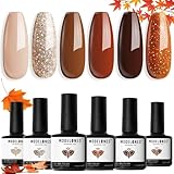 Modelones UV Nagellack Set Herbst Winter Kürbis Orange Nude Braun Glitter 6 Farbe Gel Nagellack Shellac Gel Nail Polish French Manicure Soak Off UV Nägel Gellack für Nail Art Nageldesign Kit