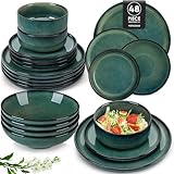 Geschirrset 12 Personen modern, vancasso STARRY 48 teiliges Steingut Geschirr Set, Kombiservice Set Grün, Tafelservice 12 Personen, Inklusive Speiseteller, Dessertteller, Suppenteller und Müslischalen