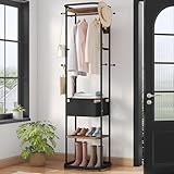 Hzuaneri Garderobenständer, Kleiderständer mit Großer Aufbewahrungskorb, Garderob mit 3 Ablagen & 11 Haken, 40 x 44,5 x 182 cm, für Schlafzimmer, Flur, Eingangsbereich, Wohnzimmer, Braun und Schwarz