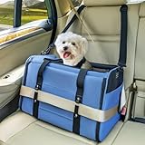 Petsfit Transporttasche Katze Hund für Auto, Hundetasche Hund Katze mit 2 Schnallen für den Sicherheitsgurt, Tragetasche Hund Katze faltbar mit Kissen, Transportbox Katze aus 4-seitigem Netz, Blau,L