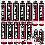 PRITEX – Bauschaum MEGA Set aus 12 x 750 ml Pistolenschaum Inkl. 2 x Pistolenreiniger 500 ml und Schaumpistole – Montageschaum zum Verfüllen, Dämmen & Abdichten