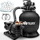 tillvex® Sandfilteranlage Pool 13.200L/h bis 40.000L + 1200g Filterbälle | Filteranlage 7-Wege Ventil & 2in1 Adapter Ø32-38mm | Poolfilter Selbstansaugend | Sandfilter Schwimmbecken (Schwarz)