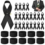 Qaestuan 10 Stück Elastisches Trauer-Armbinde, 20 Stück Anstecknadel für Trauer, Trauerflor Armbinde Schwarz, Schwarze Satinbroschen und Elastische Trauerarmbinden Satz, für Beerdigung,Trauer,Fußball