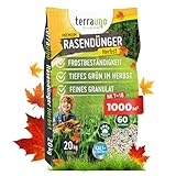 TerraUno Premium Herbstdünger Rasen, gesunder Rasen verdrängt Moos & Unkraut, Rasendünger Herbst mit 60 Tage Langzeitwirkung, 20 kg für 1000 m², Herbstrasendünger, Sofortwirkung, extra starkes Grün