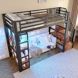 Hochbett, 90 x 200 cm, Eisenrahmen, Ablagefach, integrierte Stufen, Schutzgeländer, Leiter, mit LED-Lichtleiste, offener Stauraum unter dem Bett, Matratze nicht im Lieferumfang enthalten, schwarz