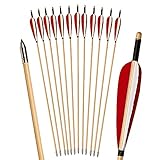 Huntingdoor 12er Holzpfeile mit 5' Naturfedern 31 Zoll Pfeile für Bogenschießen Erwachsene Bogenpfeil in Handarbeit Pfeil für Traditionellen Bogen Recurvebogen (Rot-Weiß Federn)
