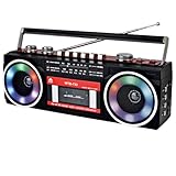 Retro 80er Kassettenrecorder Boombox mit Bluetooth, AM/FM/KW Radio, USB-Aufnahme, Kopfhöreranschluss, 16 Watt RMS Stereo-Sound