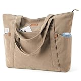 Lekespring Cord Tasche Damen, Groß Tote Bag Strandtasche mit Reißverschluss, Shopper Tasche Damen Laptoptasche mit 17 Zoll Laptopfach, Elegant Handtasche Umhängetasche für Arbeit Schule Gym-Khaki