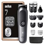 Braun All-in-One Series 7, 12-in-1 Multigroom, Barttrimmer, Nasenhaartrimmer, Haarschneidemaschine für Gesicht, Kopf und Körper, 120 Min Akku, 14 Längen (0.1–21 mm), Wasserdicht, AIO7545, Grau