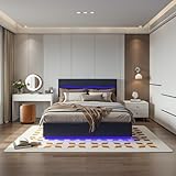 Polsterbett Stauraumbett Hydraulisch Doppelbett,Doppelbett Mit Stauraum Und Lattenrost, PU-Leder,Bett mit LED Beleuchtung,Bett Bettgestell Doppelbett Jugendbett,ohne Matratze Schwarz (180*200cm)