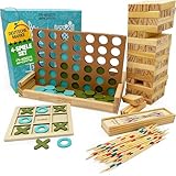 PHIBER-SPORTS 4-in-1 Holz Spielesammlung: Wackelturm, Vier-in-Einer-Reihe, Tic Tac Toe & Mikado Kinder & Erwachsene - Robust, Langlebig & Plastikfrei - Holzturm 4 Spiel