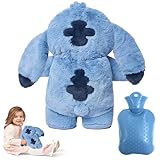 Fluffy Wärmflasche, Heißwasserflasche Blau für Kinder, Plüsch Wärmflasche Kuscheltier, Herausnehmbarer Innenbehälter Wärmflasche Tier mit Bezug, Weiches Handwärmer für Kinder und Erwachsene