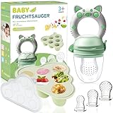 Fruchtsauger Baby ab 3 Monate - Früchte Futterspender Set mit Babybrei Einfrieren Behälter, Obstschnuller und Ersatz Silikon Schnuller in 3 Größen, Beikost Baby Zubehör für Obst, Gemüse