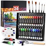 DazSpirit 24 Farben Acrylfarben Set mit 6 Pinselset+2 Leinwand+1 Mischpalette+1Mischmesser, Akrylfarbenset für Künstler, Anfänger & Kinder, Acryl Farben für DIY Steine, Holz, Lichtecht, Mischbar