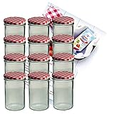 MamboCat 12er Set Sturzglas 435 ml Marmeladenglas Einmachglas Einweckglas to 82 rot Karierter Deckel incl. Diamant-Zucker Gelierzauber Rezeptheft