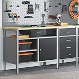 Arbeitstisch Werkstatt, Werktisch, Arbeitsfläche Spanntisch, Arbeitsplatz mit Schubladen Schwarz und Grau 100 x 55 x 85 cm, Arbeitsfläche Arbeitsböcke für Garage, Büro, Haus, Stabil