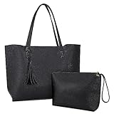 NUBILY Handtaschen Damen Shopper Damen Groß Schwarz Leder Umhängetasche Henkeltasche 2PCS Set Einfach Tote Bag Schultertasche für Schulgeschäft und Reisen