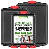 NutriChef Backblech Set 3-teilig – Antihaft Backform rechteckig stapelbar aus Kohlenstoffstah Spülmaschinenfest | Hitzebeständig bis 230°C | Auflaufform & Kuchenform Set