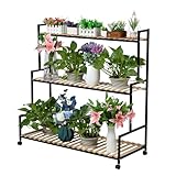 Rustikaler Blumenständer mit Rollen – 3-stufiges Pflanzenregal aus Holz und Metall – Blumentreppe für Innen und Außen – Rollbares Pflanzenständer Regals für Balkon, Wohnzimmer und Garten S