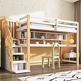 Kinderbett 90x200 Etagenbett mit Schreibtisch und Bücherregal, Hochbett mit Treppenschrank, Holzbett Bettgestell mit Rausfallschutz und Lattenrost, Funktionsbett Stockbett Jugendbett, Ohne Matratze
