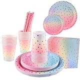 Partygeschirr,Shodiffy 125 Stück Pappteller Set, Papier Geschirr Set Partyzubehör Einschließlich Teller Becher Servietten Stroh Wiederverwendbar für 25 Gäste