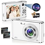 Digitalkamera, AutoFocus 4K Fotoapparat Digitalkamera mit Dual-Kamera mit 32GB Speicherkarte HD 48MP 16X Digitalzoom 2,8' großem Bildschirm Kompaktkamera Fotokamera für Einsteiger（weiß）