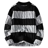 Zanisouta Winterpullover Herren Oversized Strickpullover Warme Pullover mit Rundhalsausschnitt Sweatshirt Lockerer Gestreifter Fahrradjacke Winter Softshell Sweater Business Knitted
