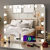 MAMIZO Hollywood Spiegel 58x46cm,Schminkspiegel mit Beleuchtung,15LED,3 Lichtfarben, Enstellbare Helligkeit, mit USB und Abnehmbare Lupe Kosmetikspiegel mit Licht,Wandspiegel,Tischspiegel,Weiß