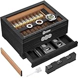 LIHTUN Zigarren Humidor, Glas Top Desktop Humidor Box, Zigarren Geschenke für Männer, Zedernholz Zigarrenkoffer mit Digital Hygrometer, Luftbefeuchter, Messskala und Zigarren Zubehör Schublade