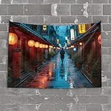 Bar für Männerhöhle, regengetränkte Gasse mit Laternen und Silhouetten, Wandteppich, Bar-Dekoration für Zuhause, Schlafzimmer, Türdekoration (100 x 150 cm)