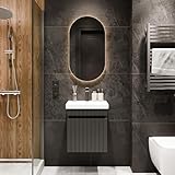 Planetmöbel Cosmia Badmöbel Set Waschbecken mit Unterschrank 50 x 60 x 35 cm Anthrazit, Armatur Badezimmer schwarz, Keramik Waschtisch mit Schublade