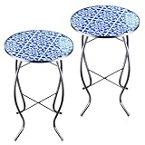 Beistelltisch 2er Set, Runder Beistelltische Glas, Rund Balkontisch, Kleine Gartentisch, Kleiner Kaffeetisch Metall, Couchtish für Balkon, Garten, Terrasse, Draussen, Wohnzimmer (Mosaik Muster)