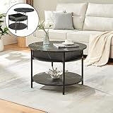 [en.casa] Couchtisch mit Hebeplatte rund Kandas Wohnzimmertisch mit Stauraum Ø70 x 49 cm Kleiner Tisch erhöhbar mit Metallgestell Marmoroptik in Schwarz