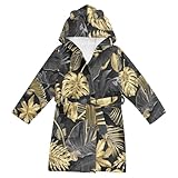 YOUJUNER Kinder Bademantel Goldene schwarze tropische Palmblätter Morgenmantel Weicher Warm Plüsch Fleece Nachtwäsche mit Kapuze für Mädchen Jungen