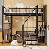 MQLAE Etagenbett Einzelbett 90 x 200 cm, Erwachsenenbett Metallbett Hochbett mit Stauraum & Ablageflächen & Treppe, Funktionsbett Stockbett mit Metall Lattenrost, Ohne Matratze, Schwarz