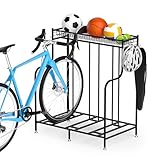 WATSABRO Fahrradständer Boden, Fahrradhalterung Boden mit 3 Fahrradständer Garage Stellplätze, Extra Breiten Korb, 2 Haken, Fahrradständer Bodenparker für Rennrad Ebike Mountainbike Kinderfahrrad