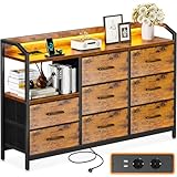 ODK Kommode mit Schubladen, Schubladenschrank mit LED-Lichtstreifen mit 10 Einstellbaren Farben und 2 USB- und 2 AC-Steckdosen, 8 Stoffschubladen, Wohnzimmer Schlafzimmer Kommode, 110*30*88cm Vintage