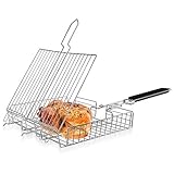 Manfore Grillkorb Fischbräter, Edelstahl BBQ Grillroste Grillzubehör, Tragbar Gemüsekorb Fischhalter mit Abnehmbar Griff, für Fisch, Gemüse, Shrimps, Steak, 31x25cm