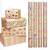 FeinKulturia Geschenkpapier 4 Rollen Geschenkpapierrollen Kinder Geburtstag 43 x 300cm Set Recycelbar Dreidimensional Glitzernde Erwachsene Geschenk Papier Kraftpapier Gift Wrapping Paper