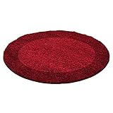 Carpettex Hochflor Teppich Wohnzimmer Shaggy Flokati Teppich Modern Bordüre Design 120 cm Rund Rot - Teppich Schlafzimmer Weich Flauschig Waschbar Teppich Küche Esszimmer - Langflor Teppiche