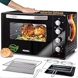 WONEA - 45 Liter Minibackofen mit Umluft, Mini Backofen mit isoliertem Gehäuse, Mini Ofen mit Temperaturfühler im Backraum integriert, herausnehmbares Krümelblech, Drehspieß