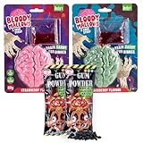 Bloody Brain & 2x ZED Gum Powder – 1x Marshmallow Gehirn in grün oder rot & 2 Packungen super saurer Kaugummi-Pulver Spaß – Halloween Süßigkeiten, Party, Kindergeburtstag & Mitgebsel