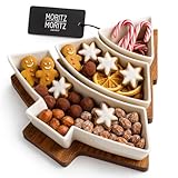 Moritz & Moritz Servierschalen Set Weihnachten Tannenbaum - Dip Schalen Set mit Holztablett aus Akazienholz - Keramik Schälchen für Snacks, Dips, Plätzchen & festliche Tischdeko