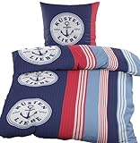 KH-Haushaltshandel 2-TLG. Seersucker Bettwäsche, 135x200 +80x80cm, rot blau, maritim, Anker, bügelfrei (60392)
