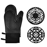 Domonic Home Ofenhandschuhe und Topflappen-Sets, Silikon-Ofenhandschuhe, hitzebeständig, 250 °C, weiches Futter, guter Griff, Ofenhandschuhe und Silikon-Untersetzer, 4-teiliges Set, schwarz