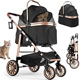 MAMIZO 4 in 1 Hundewagen, Hundebuggy bis 25kg, 4 PCS Gummiräder mit Stoßdämpfung, Faltbar Hund Kinderwagen, Hunde Buggy, Hundebuggy Hunde, Hundebuggy Geländegängig, Katzenwagen (Schwarz)